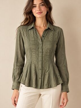 Maeve Anthropologie Olive Green Pintuck Peplum Button Down Blouse XS